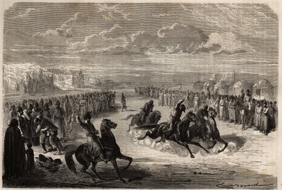 A contest of wrestling with bare hands and a horse race among the Turcomans, organized during the big public celebrations, the distance of the race is one kilometer, between three or four competitors, the winner receives a piece of cotton cloth by Unknown artist