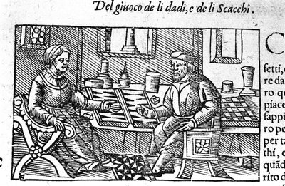 A couple playing dice. Engraving after Historia de gentis septemtrionalis by Olaus Magnus, Rome 1560. by Unknown artist