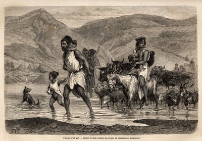A family of Kabyle shepherds crosses the wadi Djema to go to the Beni Menguellet march, the most important in the region; the head of the family ventures first, followed by his family and his herd, the sheep first and after them the bulk of the cattle. Eng by Unknown artist