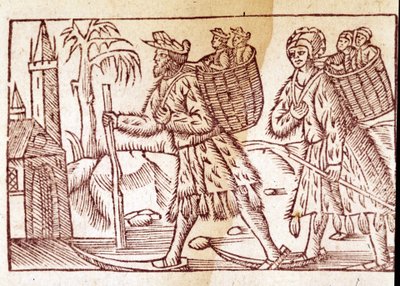 A family of Norwegians travelling on skis. Engraving by Olaus Magnus (1490 - 1557), Swedish religious and geographer, “Historia de Gentis Septentrionalibus”, Venice by Unknown artist