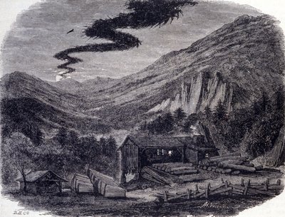 A fantastic hunt or Mesnie in the Vosges, a nocturnal tempest that according to popular legends manifests itself after a curse or a sabbath of witches. Engraving of the 19th century by Unknown artist