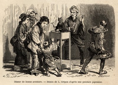 A fortune teller in the streets of Edo (now Tokyo). Engraving to illustrate the journey to Japan, by Aime Humbert, minister of the Swiss Confederation, in 1863-1864, published in 