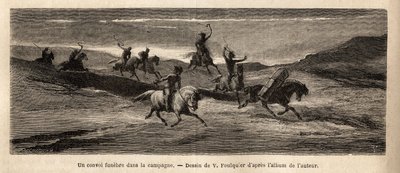 A funeral convoy in the Icelandic countryside, headed by a horse carrying the coffin, followed by about thirty people and a herd of dogs, shouting and barking throughout the day, stopping at each house to drink a glass of alcohol, so that the funeral proc by Unknown artist