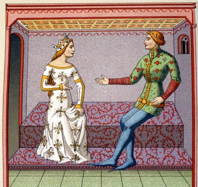 A galante scene in the Middle Ages: a young man courts a princess. Faux college after a manuscript. 19th century. by Unknown artist