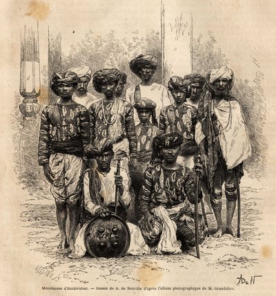 A Group of Muslim Men in Haiderabad, Pakistan. Engraving to Illustrate the Voyage in the Meridional Provinces of India, by Alfred Grandidier, 1862-1864, Published in 
