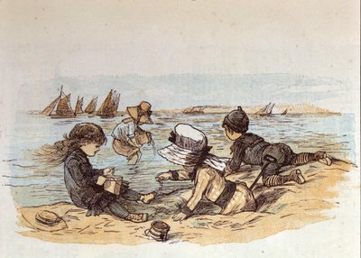 A group of children playing by the water on the sand. 1881 by Unknown artist