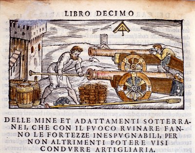 A gunner loading a gun with explosives. Engraving from the metallurgy book 