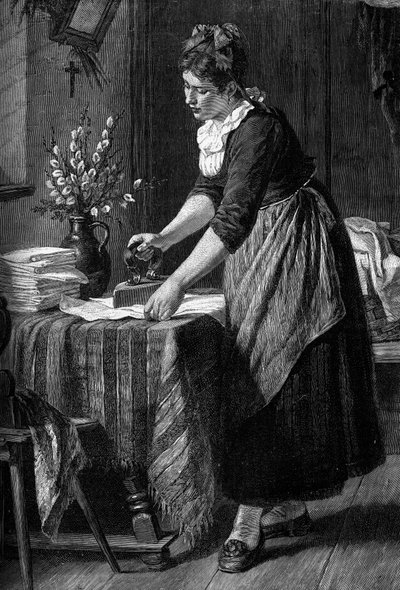 A Housekeeper Does Ironing in a Bourgeois House. Engraving in the Journal of La Jeunesse by Unknown artist