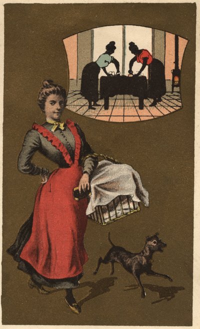 A laundry machine carrying laundry in a basket. Anonymous chromolithography, late 19th century. by Unknown artist
