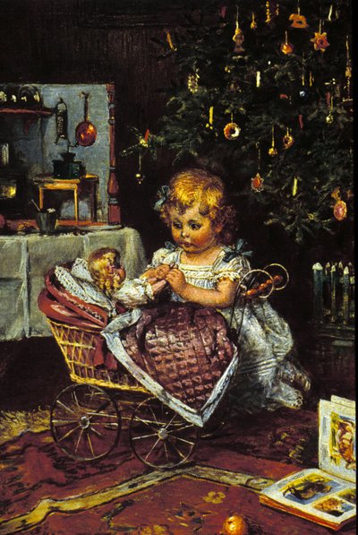 A little girl discovers the doll and the pram under the Christmas tree. 19th century by Unknown artist