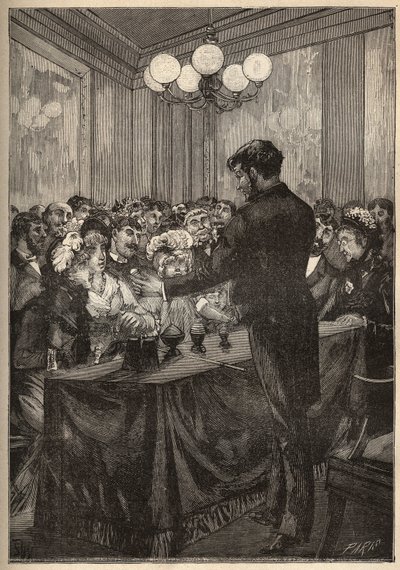 A magician using a nutmeg box to make a ball appear and disappear. Engraving from 1885 in 