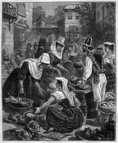 A market day in Tenerife in the Canary Islands in the Atlantic Ocean - engraving of 1888 by Unknown artist