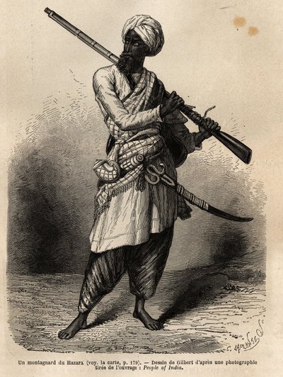 A Mountaineer from Hazara (Punjab, India). Engraving to Illustrate the Voyage to Pandjab and Kashmir, Story by Guillaume Lejean, in 1866, Published in Le tour du monde, nouveau journal des voyages, under the direction of Edouard Charton by Unknown artist