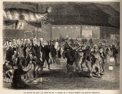 A night walk in Edo (Tokyo), the rice auction, sale to the encheres of a harvest, which creates a tumultuous gathering in front of a building surmounted by a huge torch of braided straw, with a sign with gold letters and the coat of arms of the collector by Unknown artist