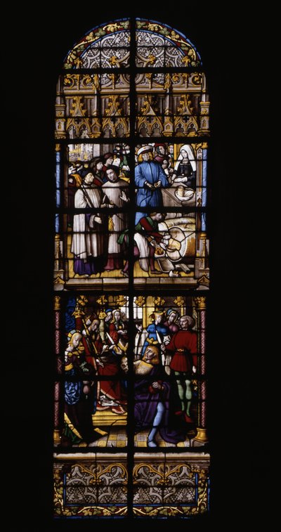 A royalty on the sale of wine, was and at the counter (top). At gold price, Fredegonde armed with a poisoned dagger two shekars of Therouanne (low). Stained glass at the Cathedrale de Tournai: Transept right (4) by Unknown artist