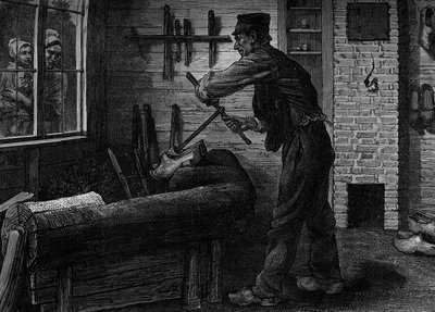 A sabotier at work in his workshop in Belgium by Unknown artist