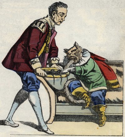 A Servant Serves the Cat Boots a Mouse Tray. Illustration of 