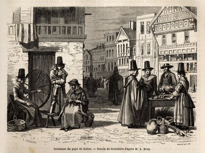 A street in Wales, with locals dressed in traditional costumes, and everyday activities: a first-hand family and women spinning wool with wheels. Engraving to illustrate a voyage in Wales, in 1862, by Alfred Erny, in 