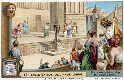 A theatre representation in ancient Greece - Liebig chromolithography by Unknown artist