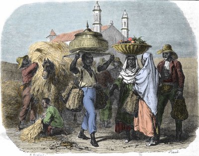 A traveling bread seller in Cuba, engraving of 1870 by Unknown artist