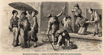 A traveling octopus dealer offers his products to passers-by, on Edo Street (or Yedo Street, now Tokyo). Engraving to illustrate the voyage to Japan, in 1863-1864, by Aime Humbert, minister of the Swiss Confederation, in Le tour du monde, nouveau journal by Unknown artist