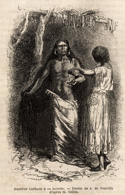A Warrior of the Crow Indian Tribe (Crows), Living Along the Lewis River, Doing His Toilet. Engraving to Illustrate an Excursion Among the Indian Tribes of the Basins of Colombia and Upper Missouri, by G. Catlin, in 1855, Published in le tour du monde by Unknown artist