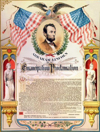 Abraham Lincoln and his proclamation of the Emancipation of slaves (flags and eagle). 22/09/1862 by Unknown artist