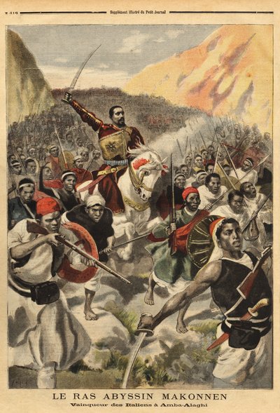 Abyssinian ras Ras Makonnen (Mekonnen Welde Mikael) (Abba Qagnew) (1852-1906), warlord and right arm of Emperor Menelik II (1844-1913), with his troops, winner of Amba Alaghi, of the Italian army commanded by Major Toselli by Unknown artist