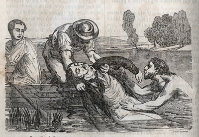 Accident medicine - on the most effective relief to be given to the drowned people - to remove a drowning man from the water, you have to do it as conveniently as possible - engraving in La Sante Universelle - Guide Medical des Families 1852 by Unknown artist