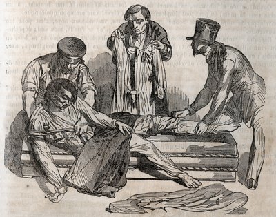 Accident medicine - on the most effective relief to be given to the drowned people - to undress as quickly as possible, you must tear the wet effects - engraving in La Sante Universelle - Guide Medical des Familles 1852 by Unknown artist
