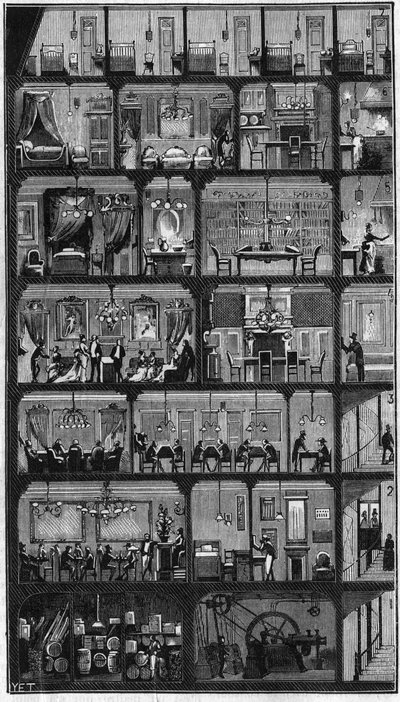 Accommodation in Paris - Cross section of a Haussmann building in Paris in 1885. Upstairs the good rooms and in the other floors, offices, apartments and reception room. Engraving in 