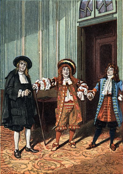 Act II of Le Bourgeois Gentilhomme comedy-ballet in five acts in prose by Moliere. The master philosopher (Mr. Lenoir), the master of dance (Mr. Truffier), Mr. Jourdain (Mr. Coquelin younger). Around 1890. by Unknown artist
