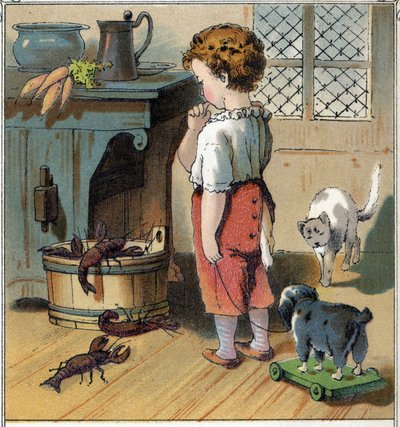 Adolphe pushes by curiosity, takes advantage of being alone in the kitchen to approach the bucket containing crayfish. One of them grabs his finger with its pincers and hurts him. Chromolithography from 