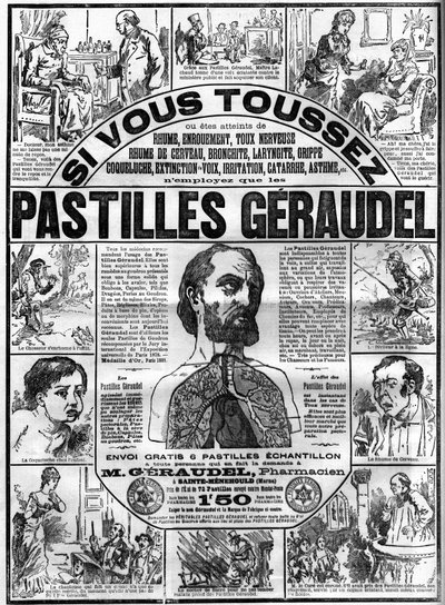 Advertising for Geraudel tablets by pharmacist Arthur Geraudel against cough. Engraving in 