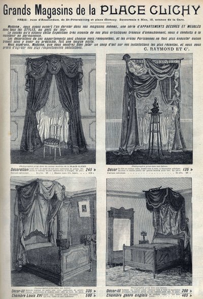 Advertising for furniture and decorations of the department stores of the Place de Clichy in Paris. Engraving in Le sun-du-dimanche by Unknown artist