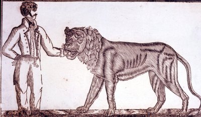 Advertising for the circus in 1800 depicting a tamer putting his hand in the mouth of a lion. by Unknown artist