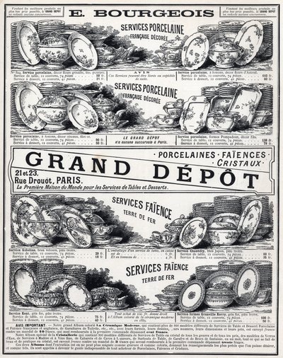 Advertising of 1889 for La Ceramic Moderne by Le Grand Depot De Porcelaines, Faiences Et Verreries Bourgeois in Paris by Unknown artist