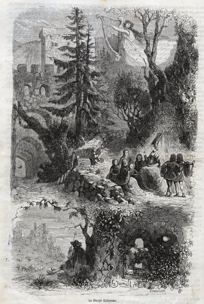 Aeolian Harp - Wind Harp - Musical Instrument Played by the Wind - Engraving from 1860 by Unknown artist