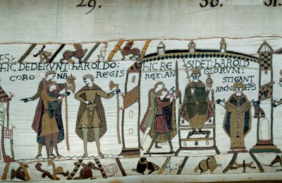 After the death of Edward the Confessor, Harold was crowned king as Harold II in 1066 (Detail of Bayeux Tapestry) by Unknown artist