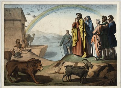 After the flood, the animals descend from the ark. On the right: Noah, his wife, his three sons (Shem, Sham and Japhet) and their wives. At the bottom, the rainbow (symbol of the order of creation concluded between Noah and God). Anonymous engraving from t by Unknown artist