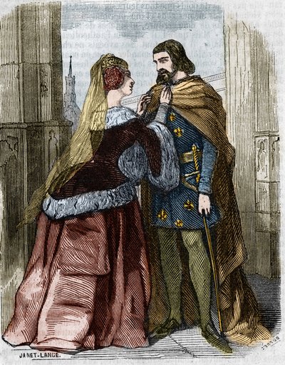 Agnes Sorel (1422-1450) (Lady of Beaute sur Marne) and King of France Charles VII in the Abbey of Jumieges. Engraving of the 19th century. by Unknown artist