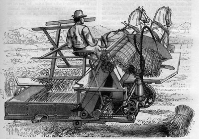 Agriculture and Agricultural Machinery: A New Harvester Drawn by Horses That Automatically Bind the Sheaves of Wheat in the Fields. Engraving in La Nature by Unknown artist