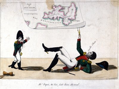 Ah, Dad, you hurt yourself. Cartoon on the exile of Napoleon Bonaparte on the island of Elba by Unknown artist