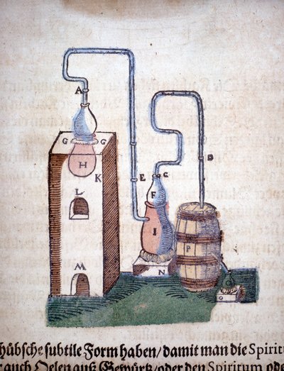 Alchemy: apparatus for distillation (engraving from a book by Pietro Andrea Mattioli) by Unknown artist