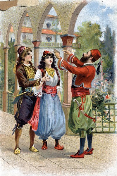Ali Baba. (Ali-Baba) (Tales of the Thousand and One Nights): To reward Morgiane, Ali Baba gives her in marriage to his son. Chromolithography of the 19th century by Unknown artist