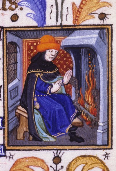 Allegoric representation of February. A man gets warm in front of his fireplace. Miniature of a 14th century manuscript by Unknown artist