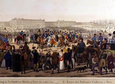 Allies Entered Paris on 31 March 1814 (Russia Alexander I, the Austrian Emperor Francis Joseph I and the Prussian King Frederick William III) 19th Century Engraving by Unknown artist