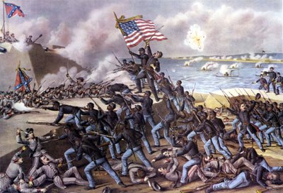 American Civil War: attack on Fort Wagner on Jekyll Island off Georgia by 2000 Black volunteers in July 1863. Engraving of the 19th century by Unknown artist