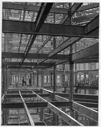 American iron frame constructions - the frame of the Palace Hotel in Denver Colorado - engraving in 