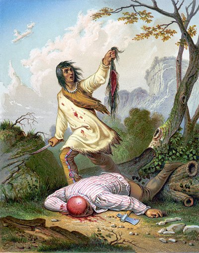 An American Indian holding a knife and a scalp over a man lying on the floor. Engraving c. 1860 by Unknown artist